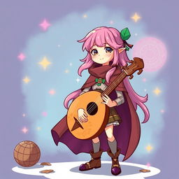 A whimsical illustration of a female bard character with pink hair, wearing a flowing cape