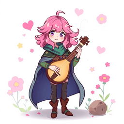 A whimsical illustration of a female bard character with pink hair, wearing a flowing cape