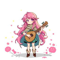 A whimsical illustration of a female bard character with pink hair, wearing a flowing cape