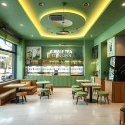 Design the interior of an aesthetic bubble tea shop with green colors in a 60 square meter space