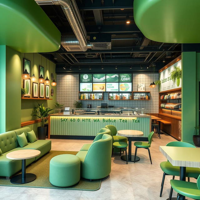 Design the interior of an aesthetic bubble tea shop with green colors in a 60 square meter space