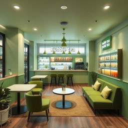 Design the interior of an aesthetic bubble tea shop with green colors in a 60 square meter space