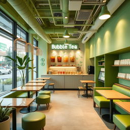 Design the interior of an aesthetic bubble tea shop with green colors in a 60 square meter space