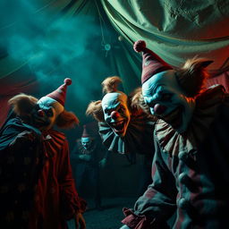 A terrifying circus scene with creepy clowns, eerie lighting, and a sinister atmosphere