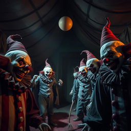 A terrifying circus scene with creepy clowns, eerie lighting, and a sinister atmosphere