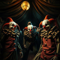 A terrifying circus scene with creepy clowns, eerie lighting, and a sinister atmosphere