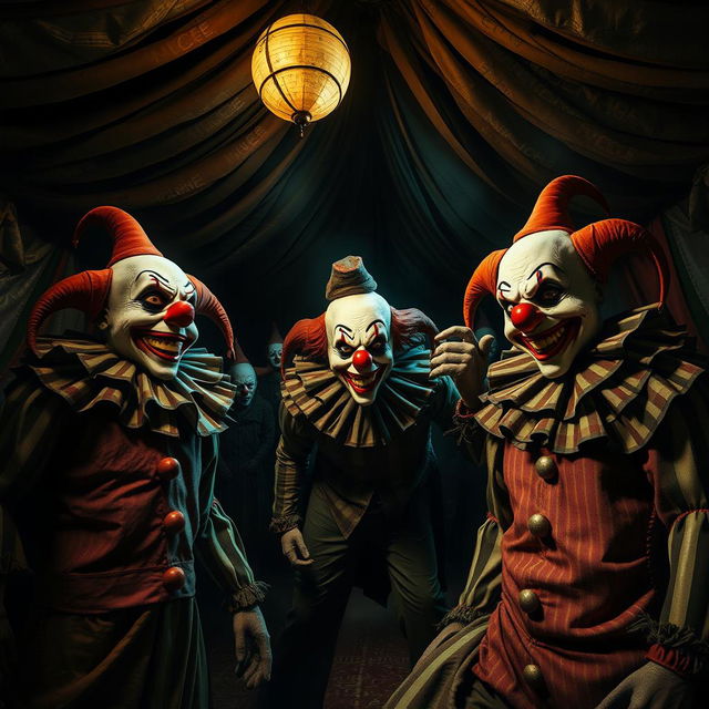 A terrifying circus scene with creepy clowns, eerie lighting, and a sinister atmosphere