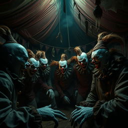 A terrifying circus scene with creepy clowns, eerie lighting, and a sinister atmosphere