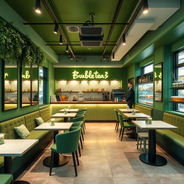 Design the interior of an aesthetic bubble tea shop with green colors in a 60 square meter space