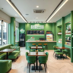 Design the interior of an aesthetic bubble tea shop with green colors in a 60 square meter space