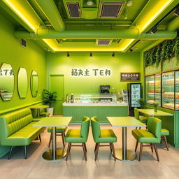 Design the interior of an aesthetic bubble tea shop with green colors in a 60 square meter space