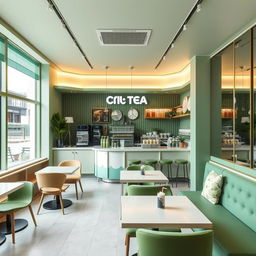 Design the interior of an aesthetic bubble tea shop with green colors in a 60 square meter space