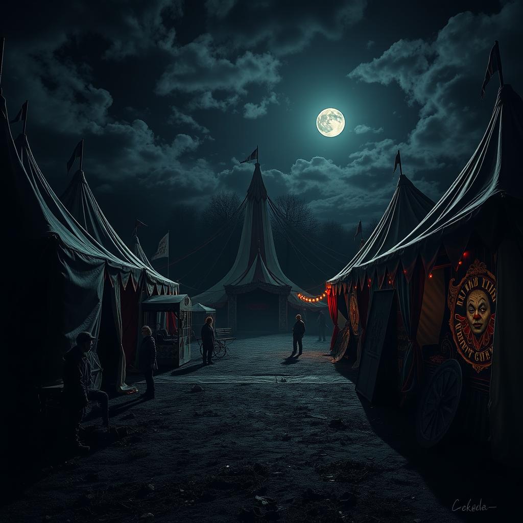 A dark and eerie circus scene at night with creepy clowns, abandoned rides, and a spooky atmosphere