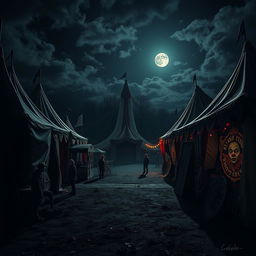 A dark and eerie circus scene at night with creepy clowns, abandoned rides, and a spooky atmosphere