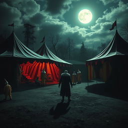 A dark and eerie circus scene at night with creepy clowns, abandoned rides, and a spooky atmosphere