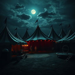 A dark and eerie circus scene at night with creepy clowns, abandoned rides, and a spooky atmosphere