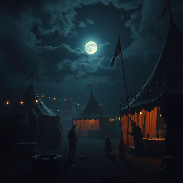 A dark and eerie circus scene at night with creepy clowns, abandoned rides, and a spooky atmosphere