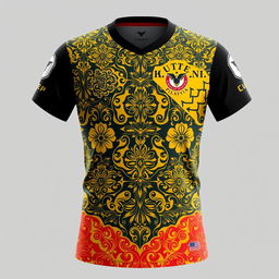 A detailed and stylish design for a futsal jersey incorporating traditional Malay Deli songket patterns