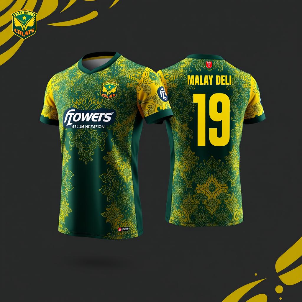 A detailed and stylish design for a futsal jersey incorporating traditional Malay Deli songket patterns in yellow and green colors