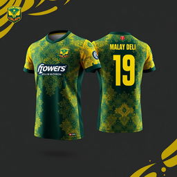 A detailed and stylish design for a futsal jersey incorporating traditional Malay Deli songket patterns in yellow and green colors