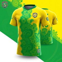 A detailed and stylish design for a futsal jersey incorporating traditional Malay Deli songket patterns in yellow and green colors