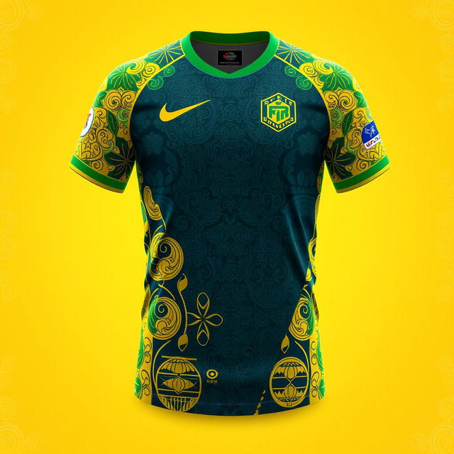 A detailed and stylish design for a futsal jersey incorporating traditional Malay Deli songket patterns in yellow and green colors