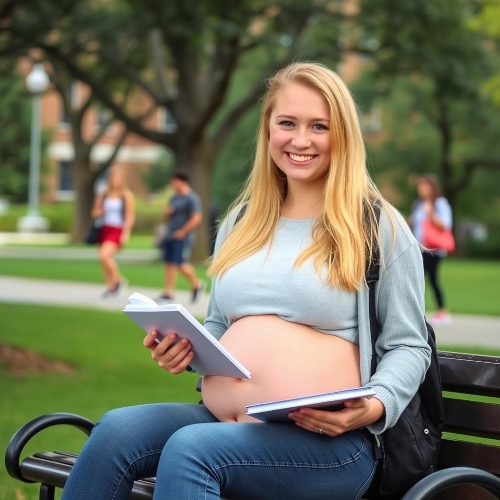 A blonde college girl with a chubby belly, wearing casual clothes, sitting on a bench in a college campus