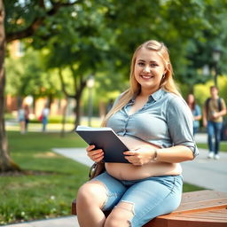 A blonde college girl with a chubby belly, wearing casual clothes, sitting on a bench in a college campus