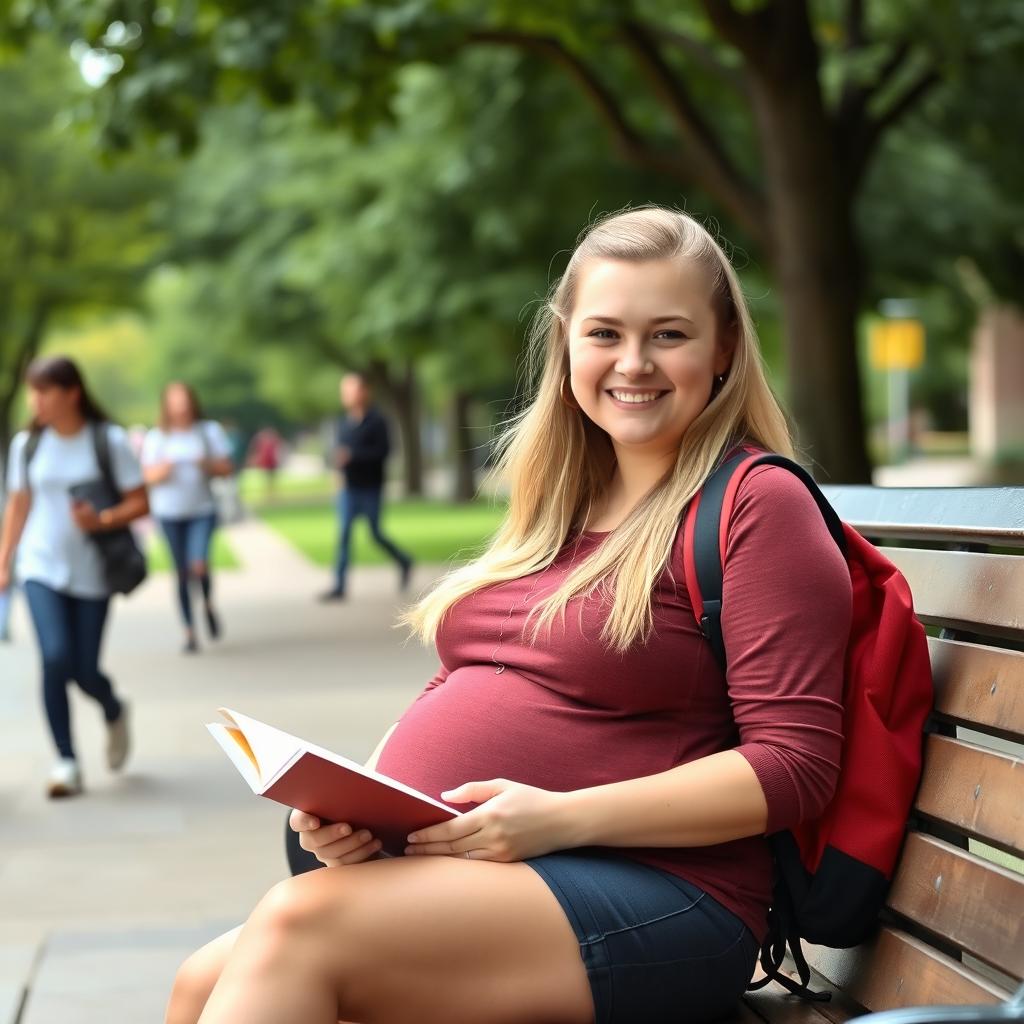 A blonde college girl with a chubby belly, wearing casual clothes, sitting on a bench in a college campus