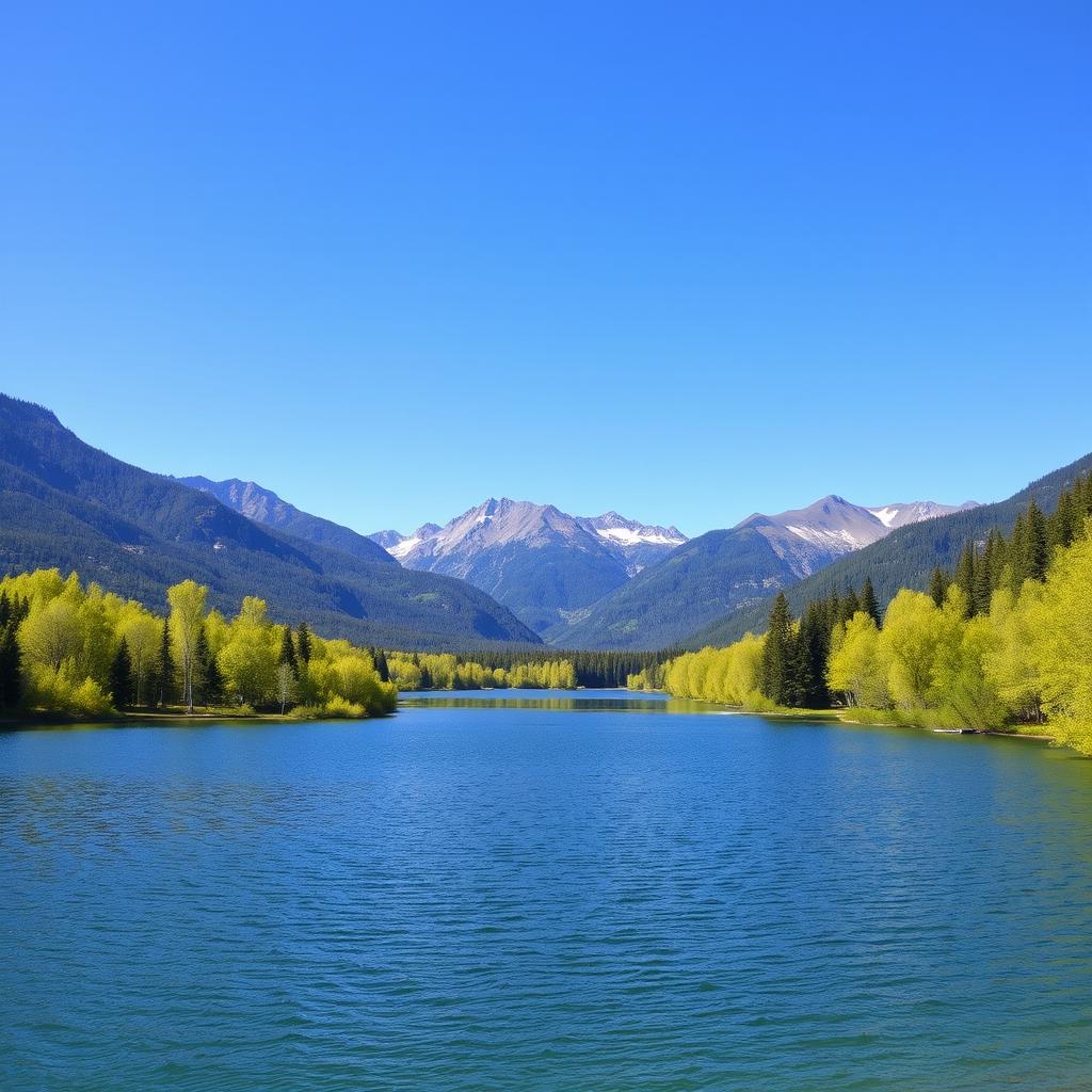 A beautiful landscape featuring a serene lake surrounded by lush green trees and mountains in the background under a clear blue sky