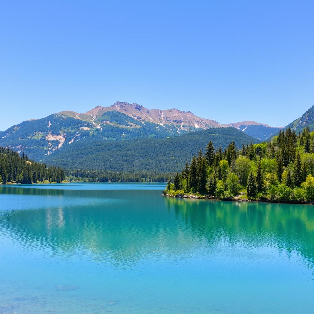 A beautiful landscape featuring a serene lake surrounded by lush green trees and mountains in the background under a clear blue sky