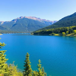 A beautiful landscape featuring a serene lake surrounded by lush green trees and mountains in the background under a clear blue sky