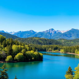 A beautiful landscape featuring a serene lake surrounded by lush green trees and mountains in the background under a clear blue sky