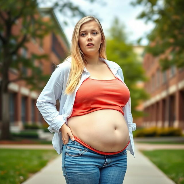 A blonde college girl who has gained weight, standing with her bloated belly sticking out from under her shirt