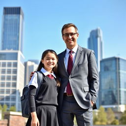 A high school girl in a school uniform standing next to a businessman in a suit