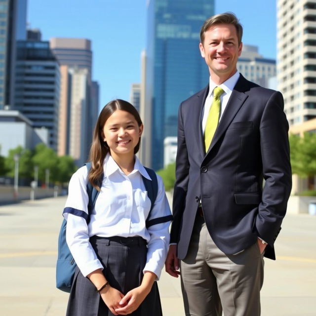 A high school girl in a school uniform standing next to a businessman in a suit