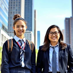 A high school girl in a school uniform standing next to a businessman in a suit