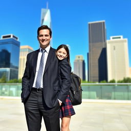 A high school girl in a school uniform standing next to a businessman in a suit