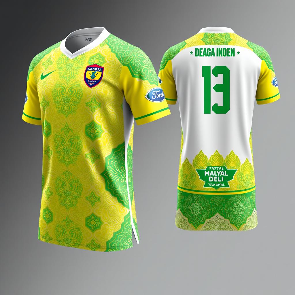 A detailed and stylish design for a futsal jersey incorporating traditional Malay Deli songket patterns in yellow, green, and white colors