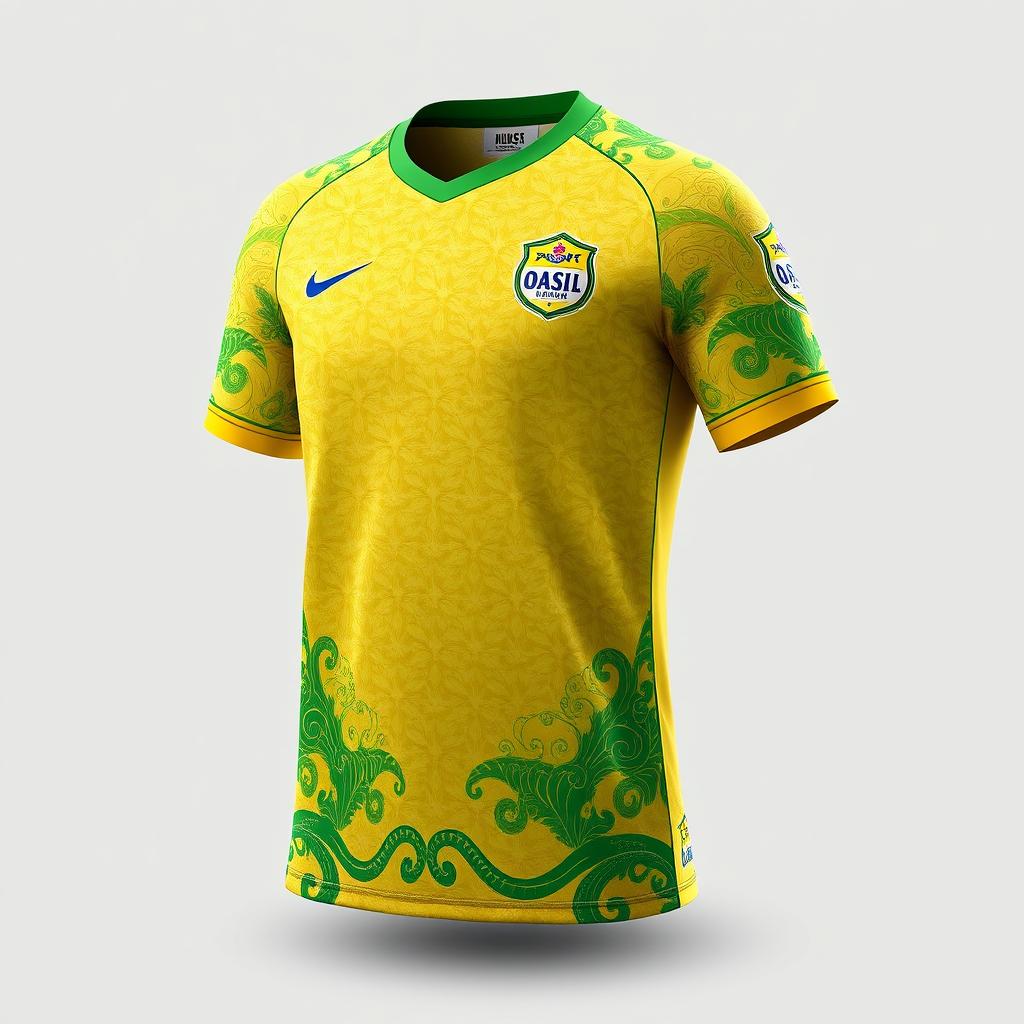 A detailed and stylish design for a futsal jersey incorporating traditional Malay Deli songket patterns in yellow, green, and white colors