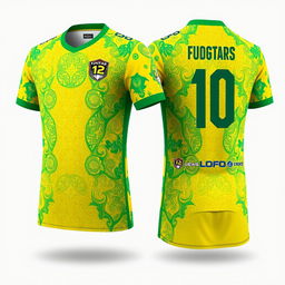 A detailed and stylish design for a futsal jersey incorporating traditional Malay Deli songket patterns in yellow, green, and white colors