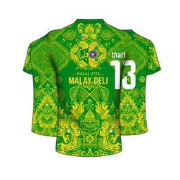 A detailed and stylish design for a futsal jersey incorporating traditional Malay Deli songket patterns in yellow, green, and white colors