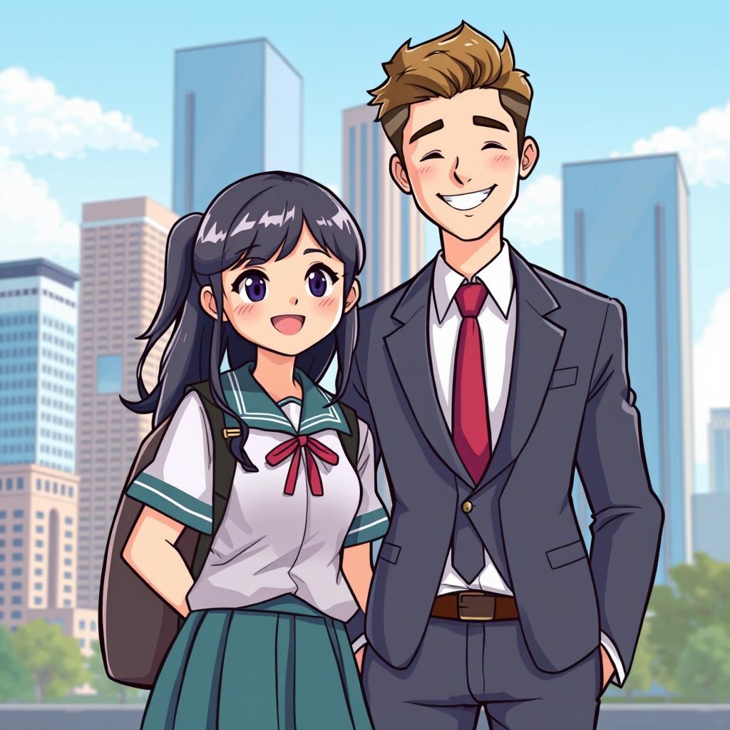 An illustration of a high school girl in a school uniform standing next to a young businessman in a suit