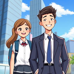 An illustration of a high school girl in a school uniform standing next to a young businessman in a suit