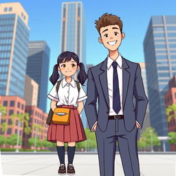 An illustration of a high school girl in a school uniform standing next to a young businessman in a suit