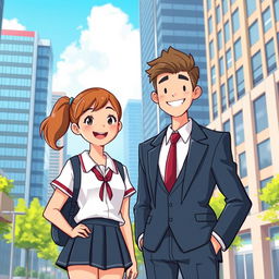 An illustration of a high school girl in a school uniform standing next to a young businessman in a suit