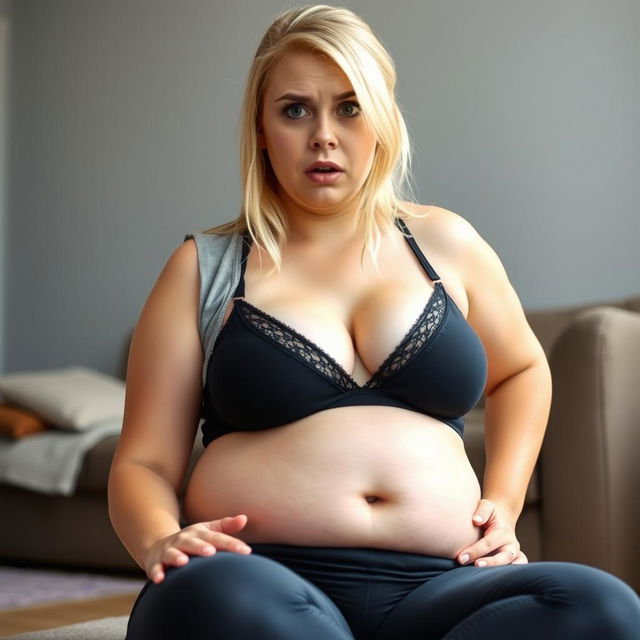 A blonde girl in her twenties who has gained weight, wearing tight panties and a bra