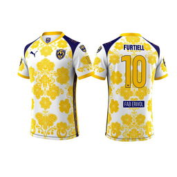 A detailed and stylish design for a futsal jersey incorporating traditional Malay Deli songket patterns in gold yellow on a white base