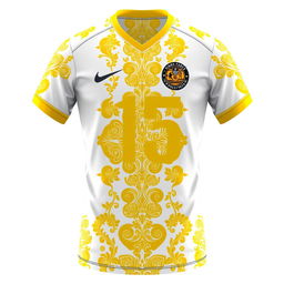 A detailed and stylish design for a futsal jersey incorporating traditional Malay Deli songket patterns in gold yellow on a white base