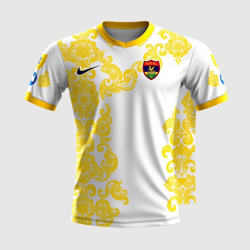 A detailed and stylish design for a futsal jersey incorporating traditional Malay Deli songket patterns in gold yellow on a white base